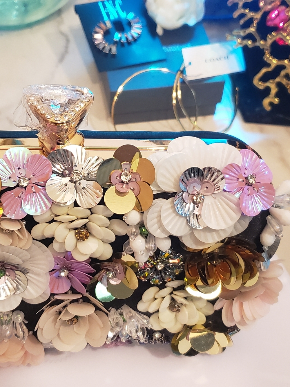 bebe Floral Appliqué Evening Clutch in Black with Pastel Accents - Picture 5 of 12